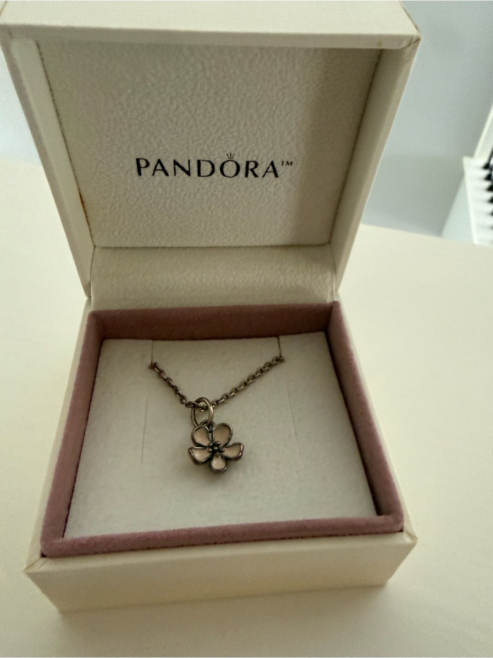Pandora Silver Flower Pendant Necklace - Pink Enamel